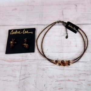 Cookie Lee Jewelry Set Bronze Amber Faceted Glass Beaded Necklace Earrings